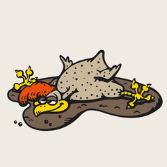 Rooster beige funny in the brown puddle