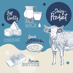 hand drawn vector sketch Dairy products set - Vector