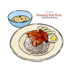 Roasted red pork on rice, hand draw sketch vector.
