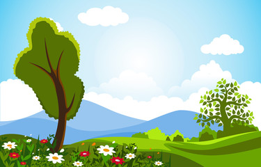 Summer Spring Green Valley Bright Sun Outdoor Landscape Illustration