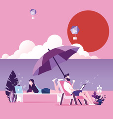 Business people working with laptop on the beach