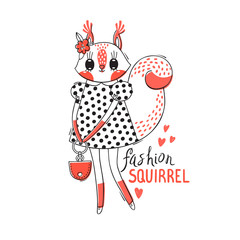 Fashion kawaii animal. Vector illustration of a squirrel in fashionable clothes. Can be used for t-shirt print, kids wear design, baby shower card