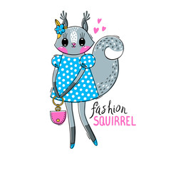 Fashion kawaii animal. Vector illustration of a squirrel in fashionable clothes. Can be used for t-shirt print, kids wear design, baby shower card