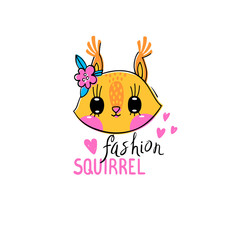 Fashion kawaii animal. Vector illustration of a squirrel face with a barrettes flowers. Can be used for t-shirt print, kids wear design, baby shower card