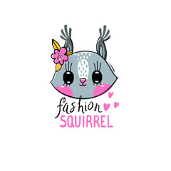 Fashion kawaii animal. Vector illustration of a squirrel face with a barrettes flowers. Can be used for t-shirt print, kids wear design, baby shower card