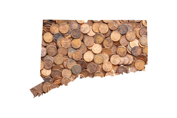 Connecticut State Map and Money Concept, Piles of Coins, Pennies