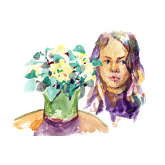 Beautiful girl and flowers. Hand drawn watercolor female face, watercolor painting