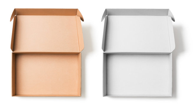 Open cardboard boxes top view isolated with no shadows clipping path included