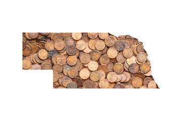 Nebraska State Map and Money Concept,   Piles of Coins, Pennies