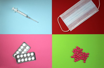 Medicines for treatment and protection against diseases on a bright background