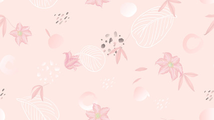 Seamless pattern, flowers, leaves and hand drawn graphics on light pink background, soft pink tones