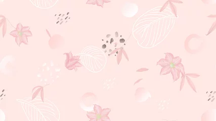 Poster Seamless pattern, flowers, leaves and hand drawn graphics on light pink background, soft pink tones © momosama