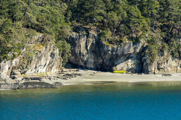 white sandy beach by the sea surrounded by tree covered cliff wall