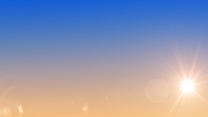 Sunset 3D illustration. Sun shines red in the evening sky with lens flares. Bright natural background.