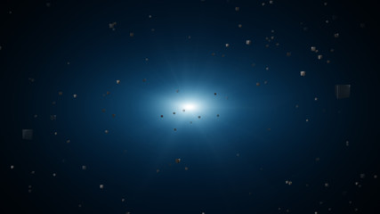 3D illustration metal cube explosion and light beam effect background.