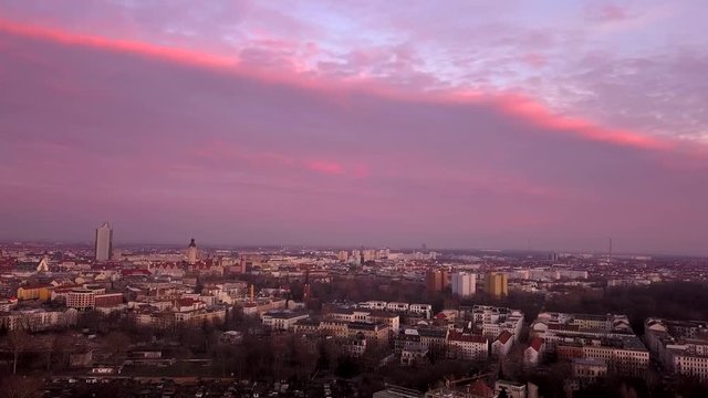 Leipzig skyline and MDR building at sunset