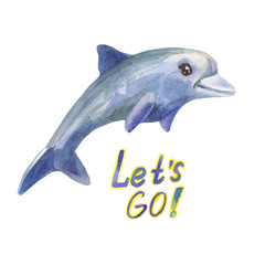 Blue watercolor dolphin quickly jumped over the water. Let's go picture