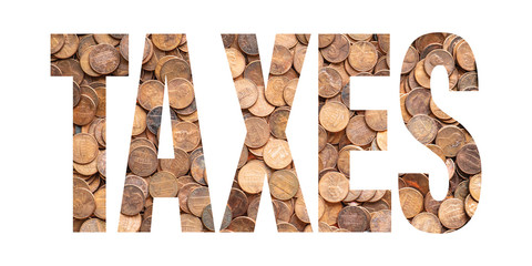 Taxes Text and Piles of Coins, Pennies