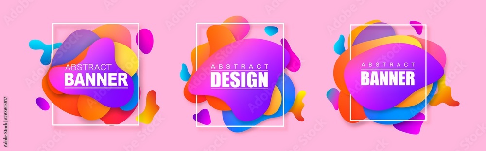 Poster Set of abstract modern banners. Liquid shape banners isolated on pink background. Template ready for use in web or print design.