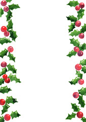 Holly leaves and red berries frame watercolor hand painting for decoration on Christmas holiday and winter events.