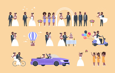 set just married man woman standing together different concepts collection african american couple bride and groom in love wedding day celebration full length horizontal flat
