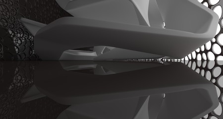 Abstract dynamic interior with black smooth objects. 3D illustration and rendering