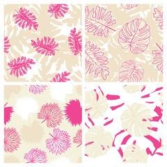 Beautiful tropical leaves and flowers summer pattern design set