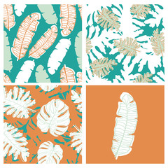 Beautiful tropical leaves and flowers summer pattern design set