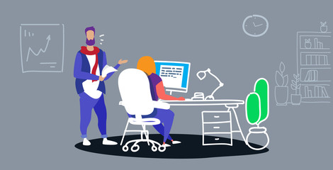 businesspeople working at office man dictating information from paper documents to woman assistant writing text on computer monitor work dictation concept sketch doodle horizontal