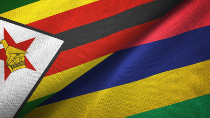 Zimbabwe and Mauritius two flags textile cloth, fabric texture