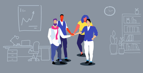 businesspeople group collaborating holding pile hands team spirit concept business people standing together teamwork modern office interior sketch doodle horizontal full length