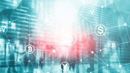 Double exposure Bitcoin and blockchain concept. Digital economy and currency trading.