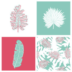 Beautiful tropical leaves and flowers summer pattern design and isolated object set