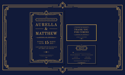Classic Navy Premium Vintage Style Art Deco Engagement / Wedding Invitation with gold color with frame. Include Thank you Tags and RSVP. Vector Illustration - Vector