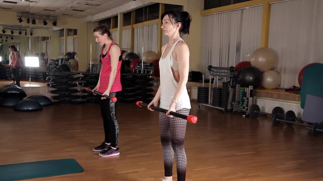 Girls doing exercises with a sports stick in the gym. Sportswear
