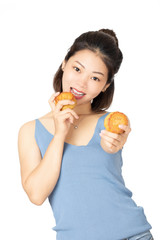 Chinese woman  holding Moon Cake isolated on a white background