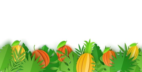Seamless border of summer tropical leaves an fruits in paper cut style. Craft jungle green plants botanic collection with shadow. Creative vector card illustration in paper cutting art style