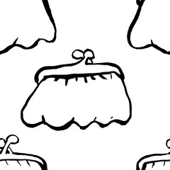 Vintage purse seamless pattern. Black and white dry brush grunge background.