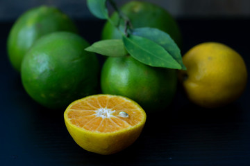 Fresh orange from the garden Cut half 