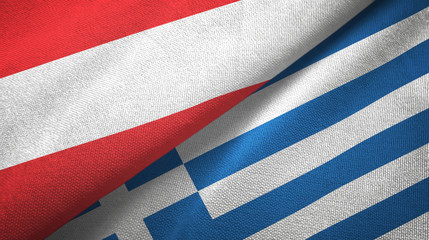 Fototapeta na wymiar Austria and Greece two flags textile cloth, fabric texture