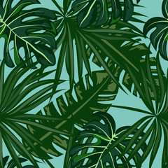 Green Tropical Leaves Seamless Pattern.