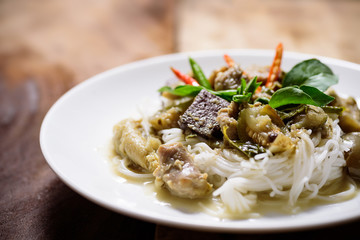 Thai green curry chicken with rice noodles, Thai food
