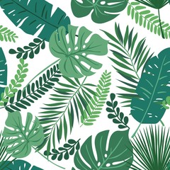 Tropical seamless repeat pattern with green leaves of different shapes overlapping