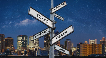 Famous travel destination city in Japan on directional road sign, Travelling choices in Japan, Asia