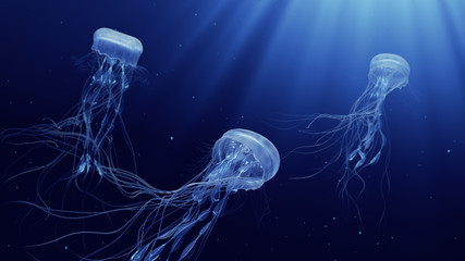 3d illustration of jellyfishes swimming in deep ocean © Suliman Razvan