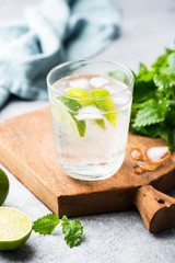 Alcohol free sparkling mojito, soda water with lime and mint. Healthy refreshing summer ice cold drink
