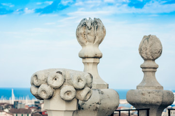 Decoration stucco of terrace in old baroque cathedral in Catania, traditional architecture of Sicily, Italy.