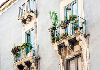 Balcony with flowerpots and house plants in a historic building in Catania, traditional architecture of Sicily, Italy.