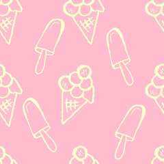 Ice cream cone seamless pattern. Grunge brush pink vector illustration.