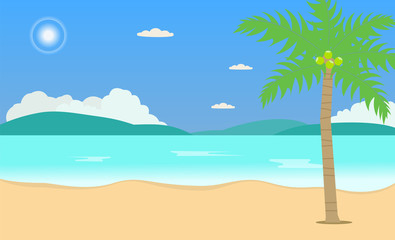 Tropical Beach Travel Holiday Vacation Leisure Nature Concept vector illustration.Beautiful seascape  and sky background.Travel concept.South beach Thailand with bright sun and sky.Vacation scene.